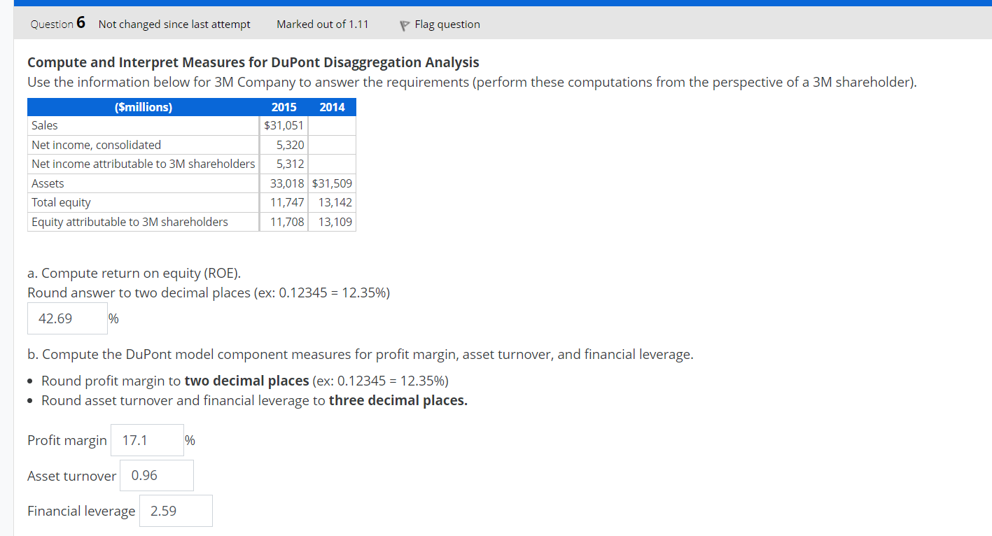Question 6 Not changed since last attempt Marked out of 1.11 Flag
