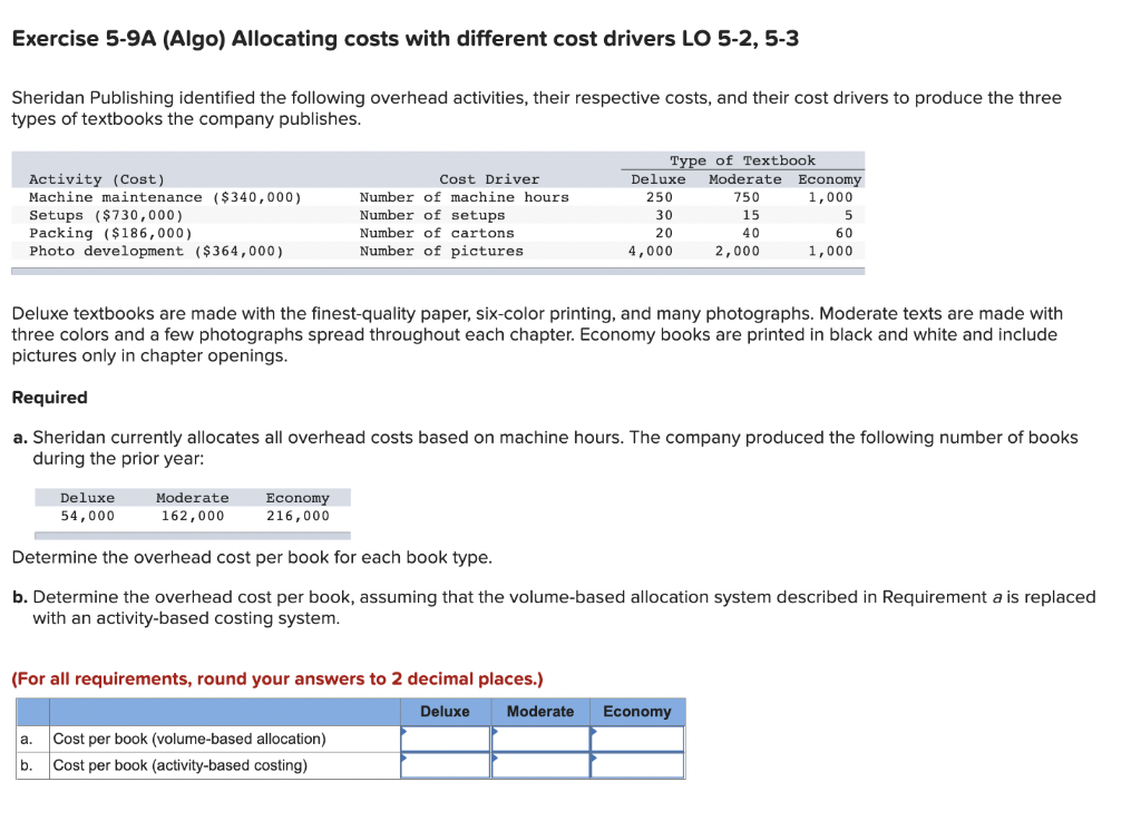 Exercise 5-9A (Algo) Allocating costs with different cost drivers LO 5-2,5-3 Sheridan