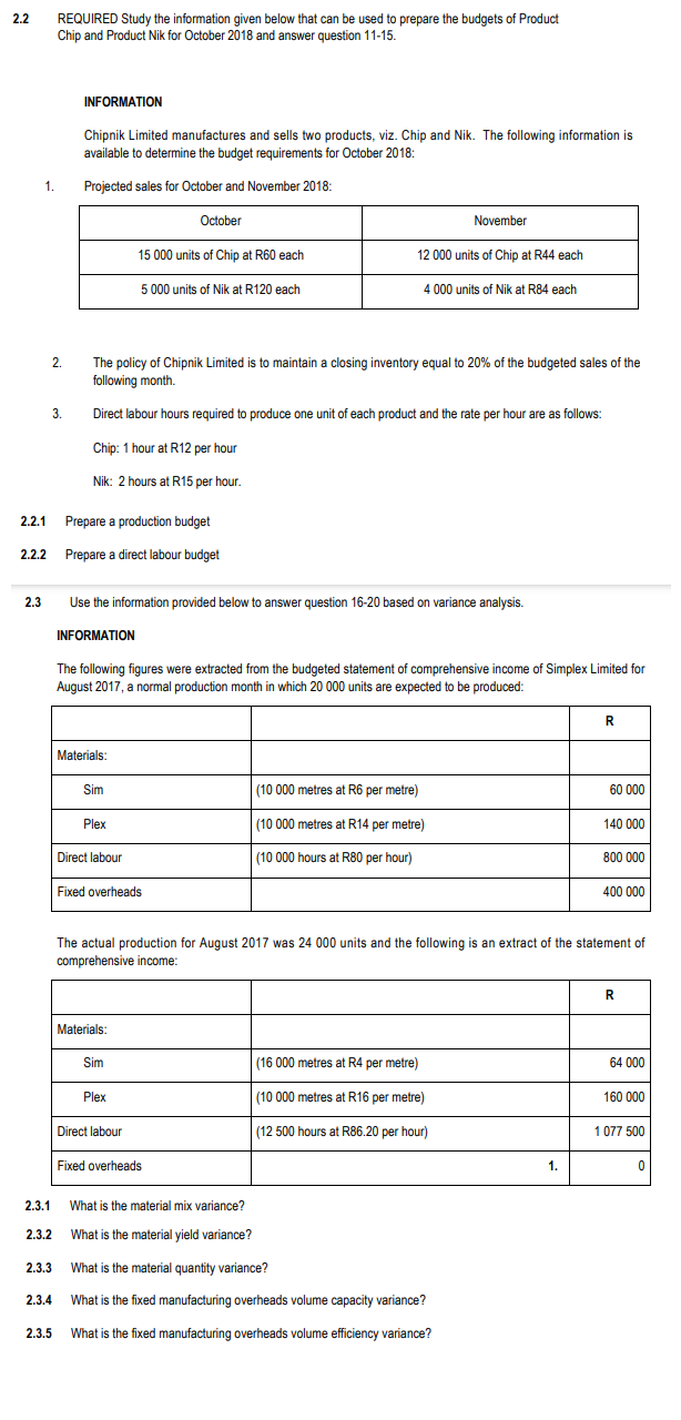 2.2 REQUIRED Study the information given below that can be used to