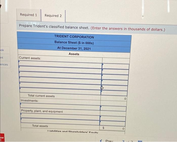 Trident Corporation at December 31, 2021. Required: 1. Determine the missing amounts.