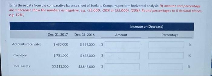 Using these data from the comparative balance sheet of Sunland Company, perform