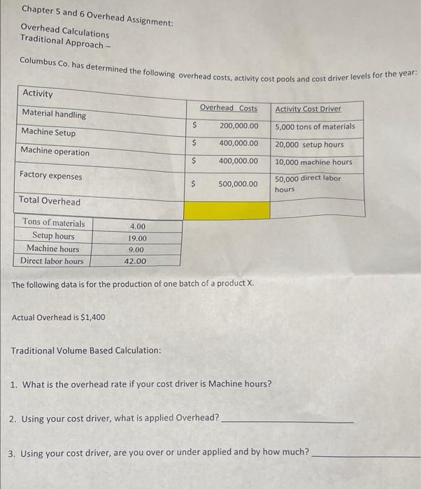 Chapter 5 and 6 Overhead Assignment: Overhead Calculations Traditional Approach- Columbus Co.