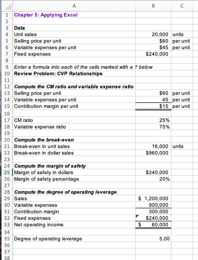 A B C 1 Chapter 5: Applying Excel 2 3 Data 4