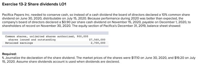 Exercise 13-2 Share dividends LO1 Pacifica Papers Inc. needed to conserve cash,