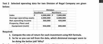 Test 2 Selected operating data for two Division of Regal Company are