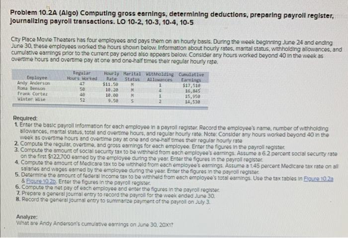 Problem 10.2A (Algo) Computing gross earnings, determining deductions, preparing payroll register, Journalizing