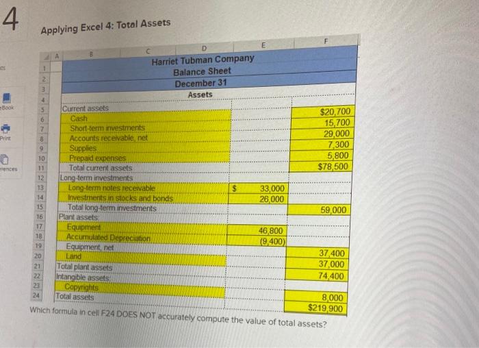 4 Applying Excel 4: Total Assets 1 A C D Harriet Tubman