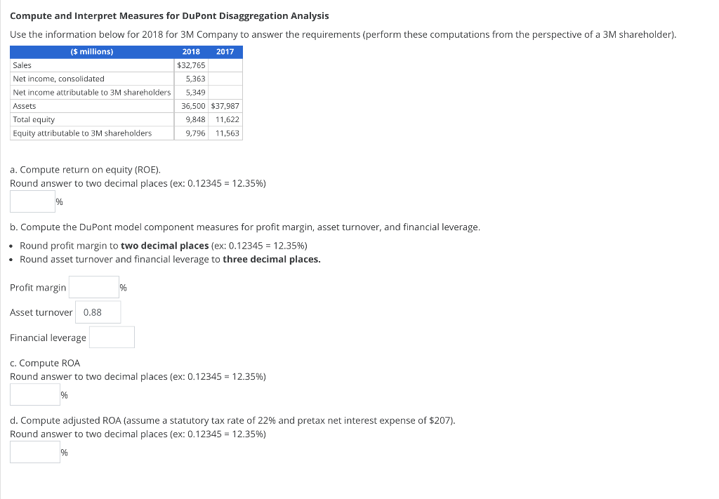 Compute and Interpret Measures for DuPont Disaggregation Analysis Use the information below
