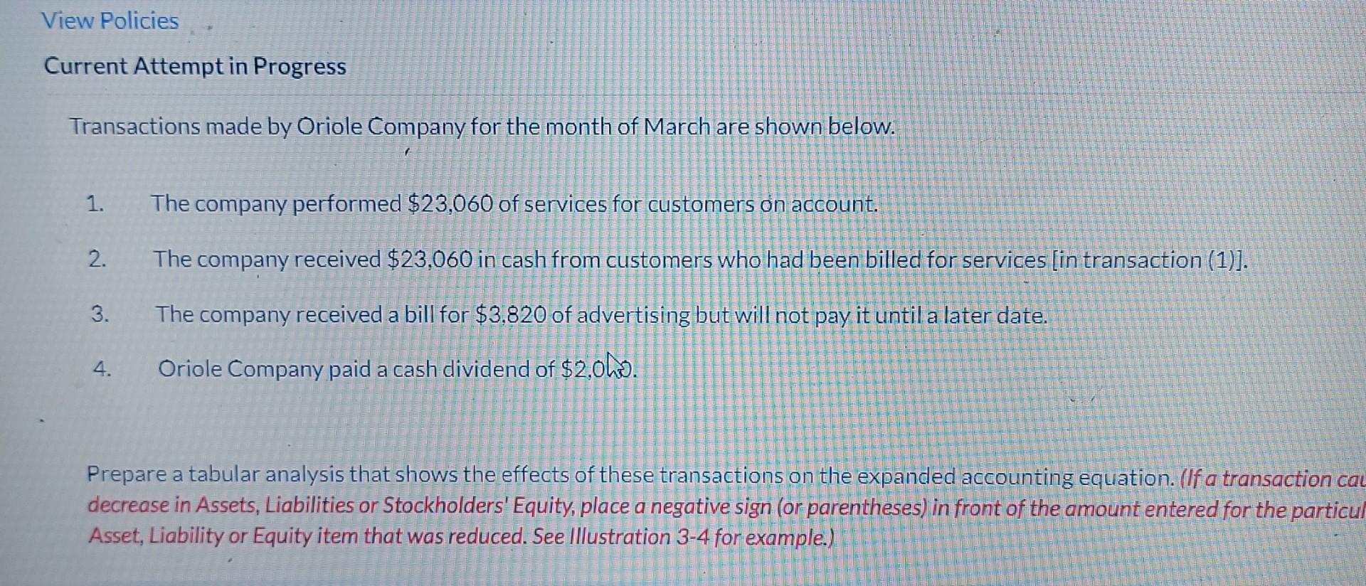View Policies Current Attempt in Progress Transactions made by Oriole Company for