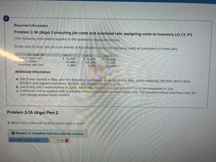 Required information Problem 2-1A (Algo) Computing job costs and overhead rate; assigning