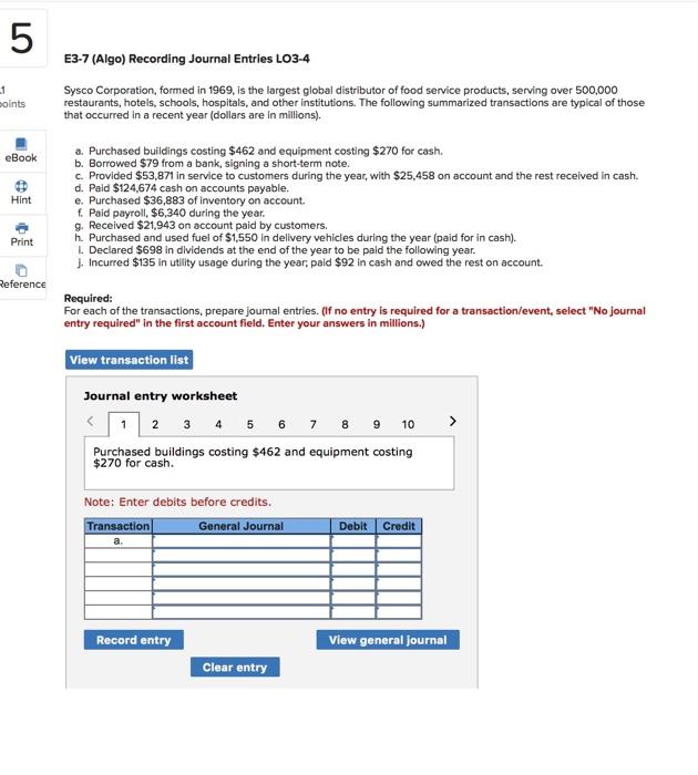 5 1 points eBook Hint Print Reference E3-7 (Algo) Recording Journal Entries
