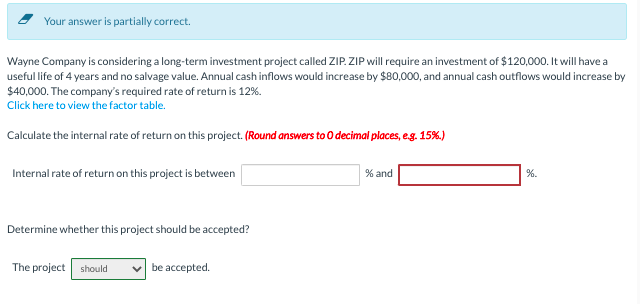 Your answer is partially correct. Wayne Company is considering a long-term investment