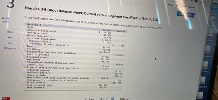 14.28 points Exercise 3-6 (Algo) Balance sheet; Current versus long-term classification (LO3-2,
