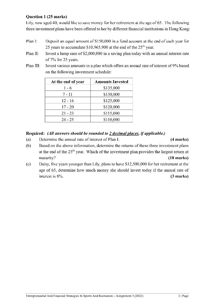 Question 1 (25 marks) Lily, now aged 40, would like to save