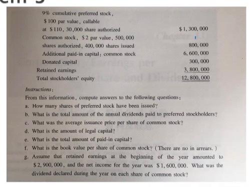 9% cumulative preferred stock, $ 100 par value, callable at $110, 30,000