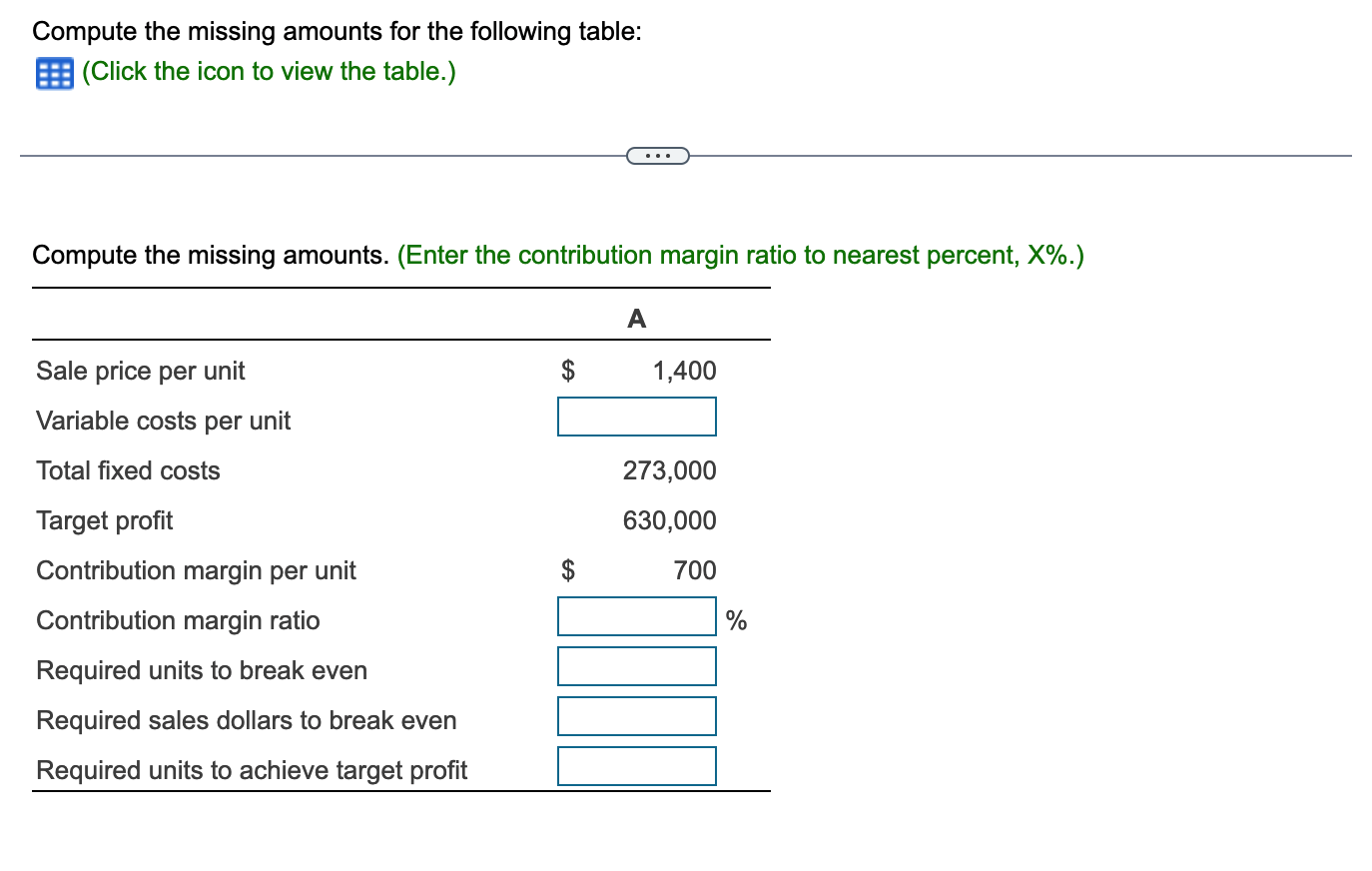 Compute the missing amounts for the following table: | (Click the icon