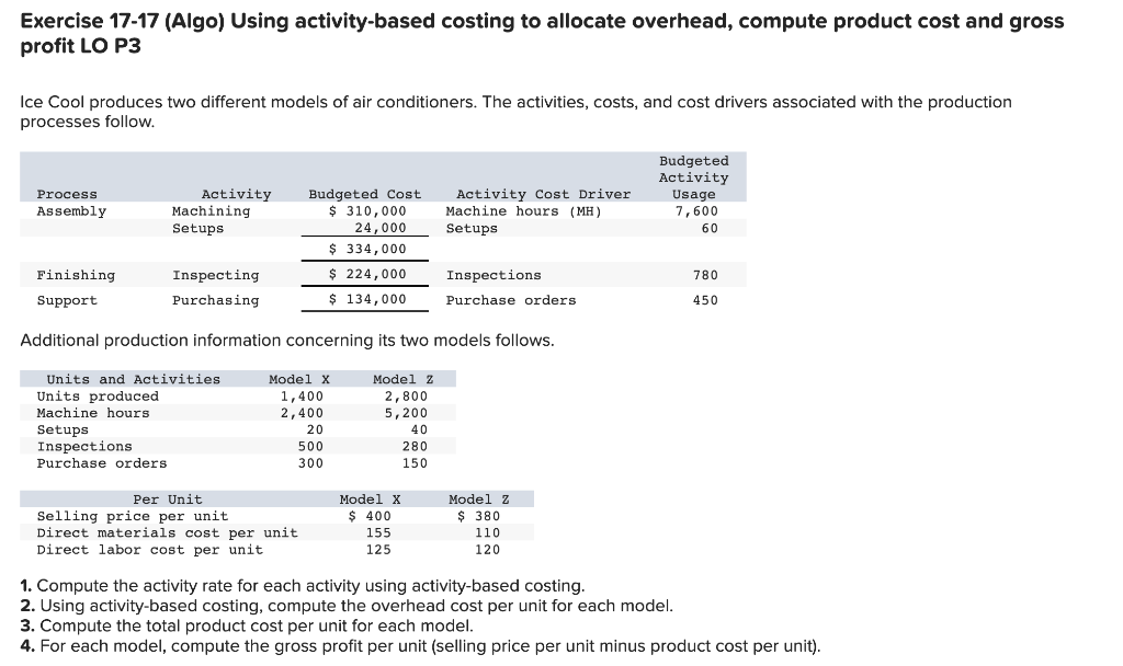 Exercise 17-17 (Algo) Using activity-based costing to allocate overhead, compute product cost
