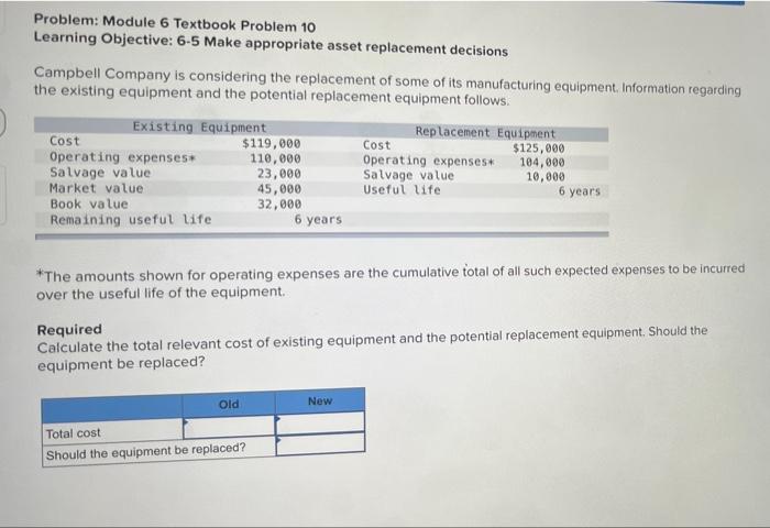 Problem: Module 6 Textbook Problem 10 Learning Objective: 6-5 Make appropriate asset
