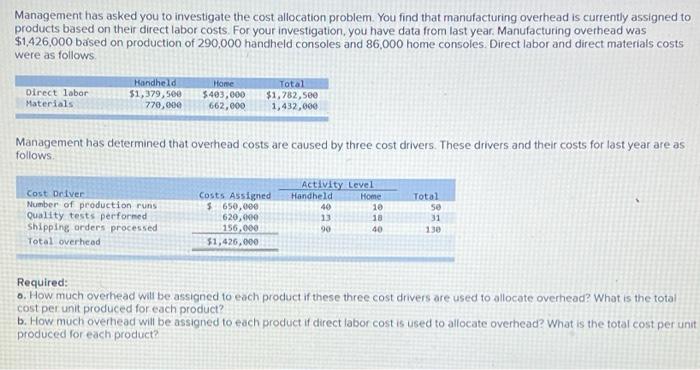 Management has asked you to investigate the cost allocation problem. You find