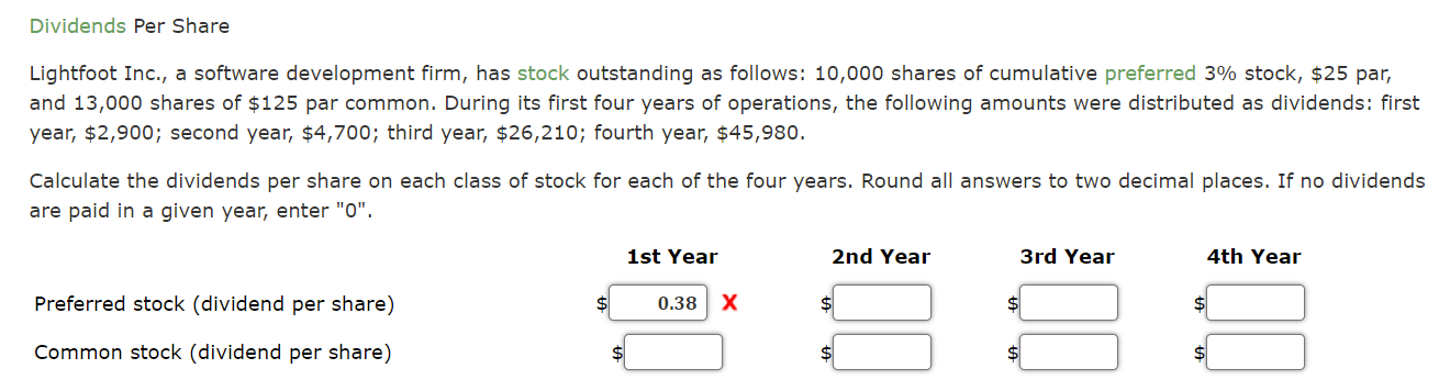 Dividends Per Share Lightfoot Inc., a software development firm, has stock outstanding