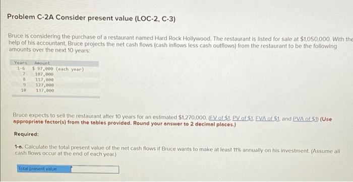 Problem C-2A Consider present value (LOC-2, C-3) Bruce is considering the purchase