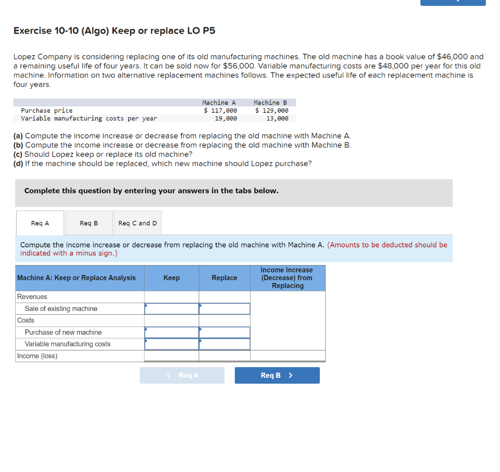 Exercise 10-10 (Algo) Keep or replace LO P5 Lopez Company is considering