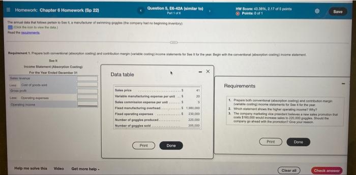 Homework: Chapter 6 Homework (Sp 22) Question 5, E6-42A (similar to) HW