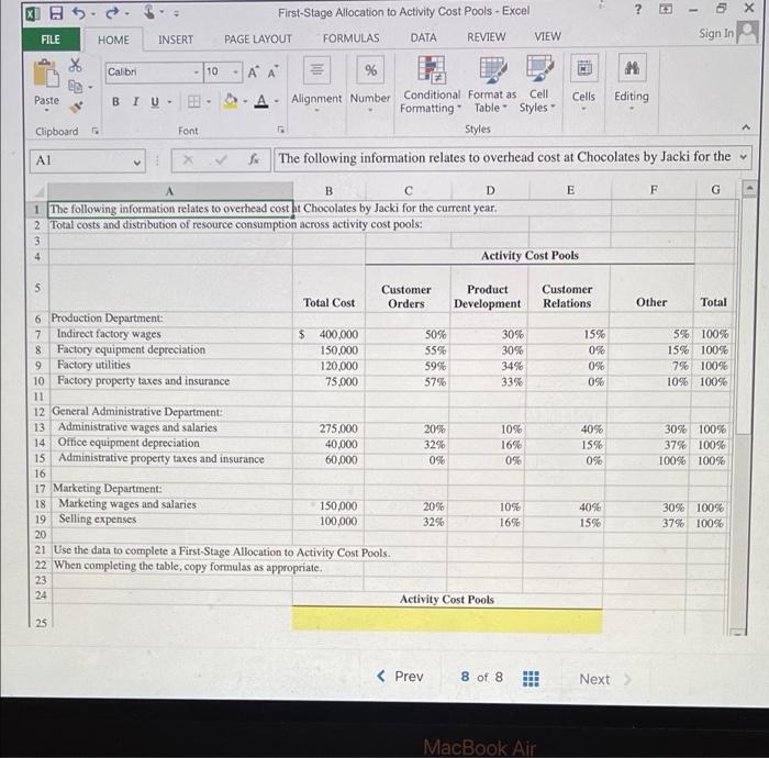 A First-Stage Allocation to Activity Cost Pools - Excel FILE HOME INSERT