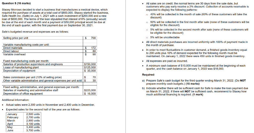Question 5 (16 marks) Stacey Morrows decided to start a business that