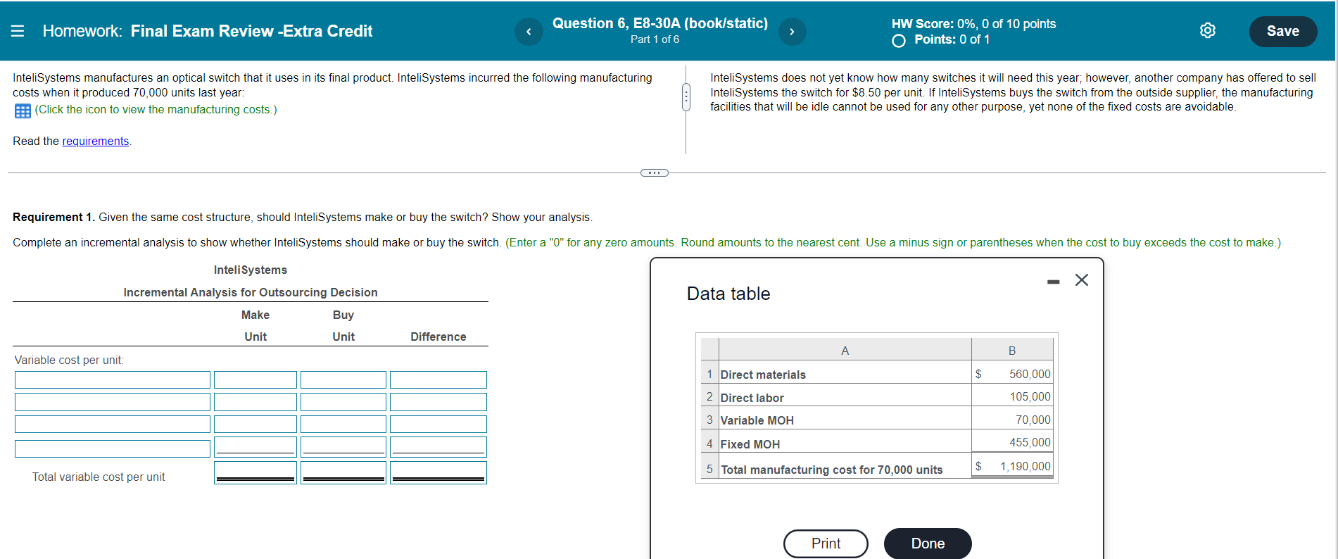 = Homework: Final Exam Review -Extra Credit Question 6, E8-30A (book/static) Part