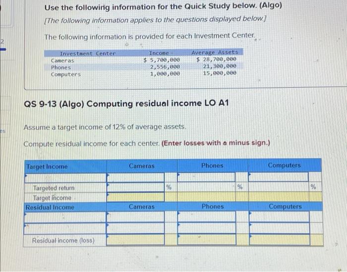 Use the following information for the Quick Study below. (Algo) [The following