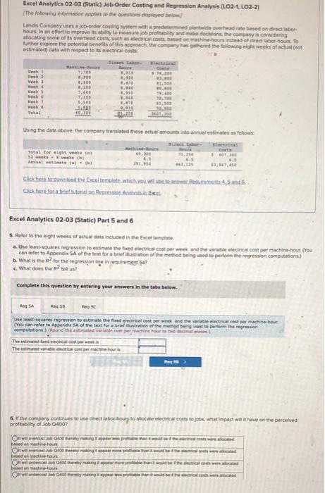 Excel Analytics 02-03 (Static) Job-Order Costing and Regression Analysis [LO2-1, L02-21 (The