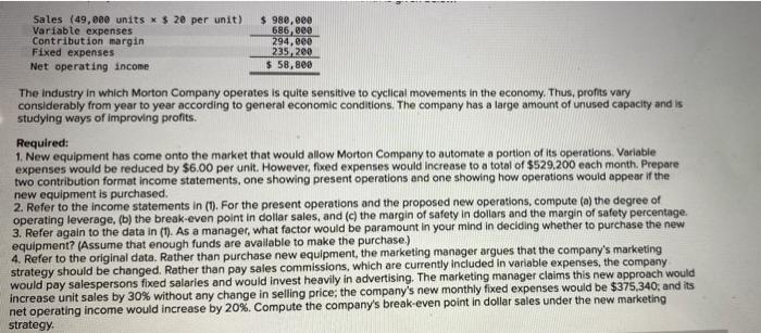 Sales (49,000 units x $20 per unit) Variable expenses Contribution margin Fixed