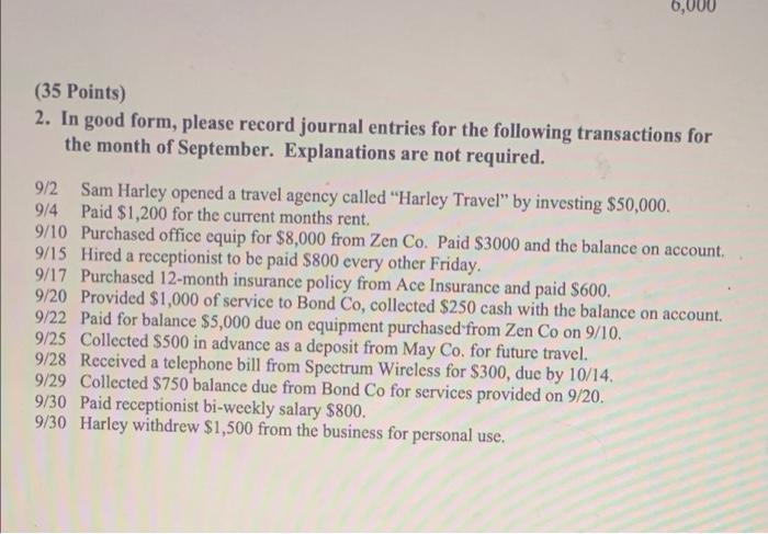 6,000 (35 Points) 2. In good form, please record journal entries for