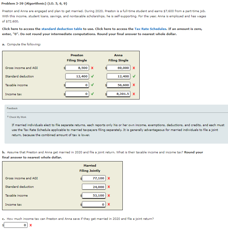 Problem 3-39 (Algorithmic) (LO. 5, 6, 9) Preston and Anna are engaged