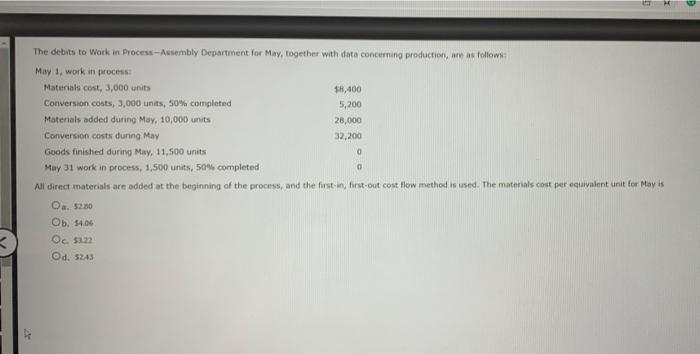 The debits to Work in Process-Assembly Department for May, together with data