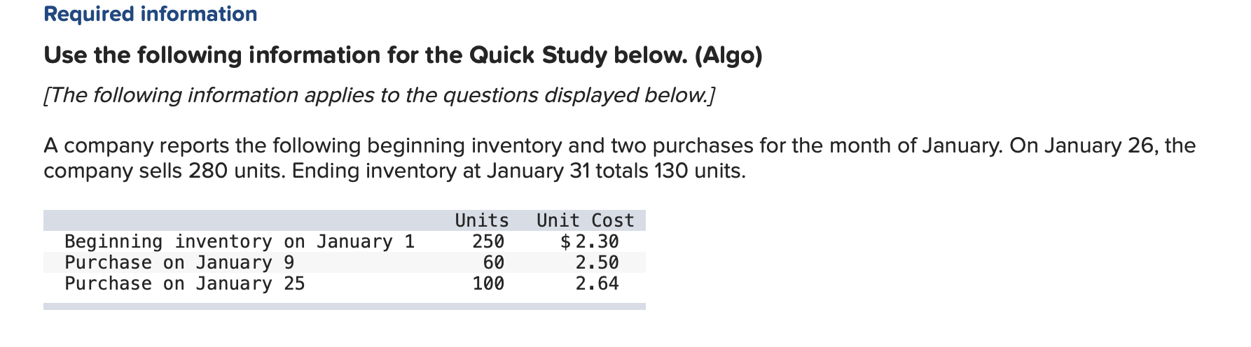Required information Use the following information for the Quick Study below. (Algo)