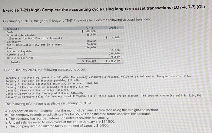 Exercise 7-21 (Algo) Complete the accounting cycle using long-term asset transactions (LO7-4,