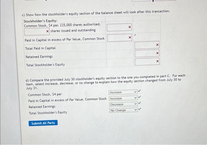 this on July 30: Stockholder's Equity: Common Stock, $4 par, 225,000 shares