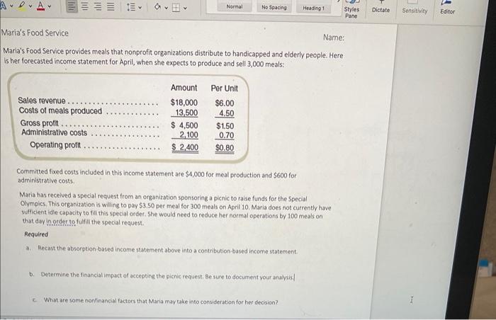 Normal No Spacing Heading 1 Styles Dictate Sensitivity Editor Pane Maria's Food