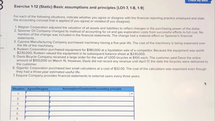 Check my work ces Exercise 1-12 (Static) Basic assumptions and principles [LO1-7,
