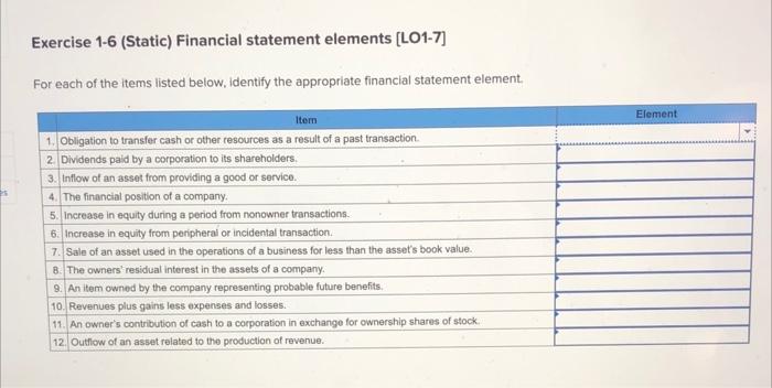 Exercise 1-6 (Static) Financial statement elements [LO1-7] For each of the items