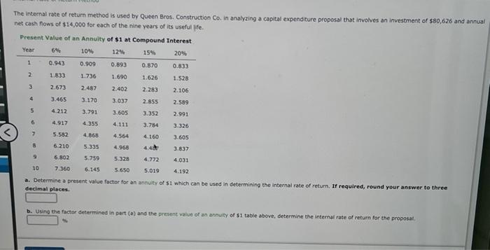 The internal rate of return method is used by Queen Bros. Construction