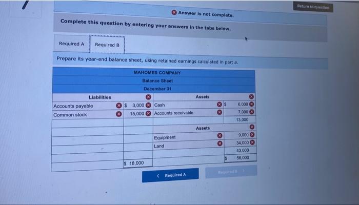 and balance sheet LO P2 Mahomes Company reported the following data at
