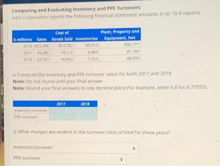 Computing and Evaluating Inventory and PPE Turnovers Intel Corporation reports the following