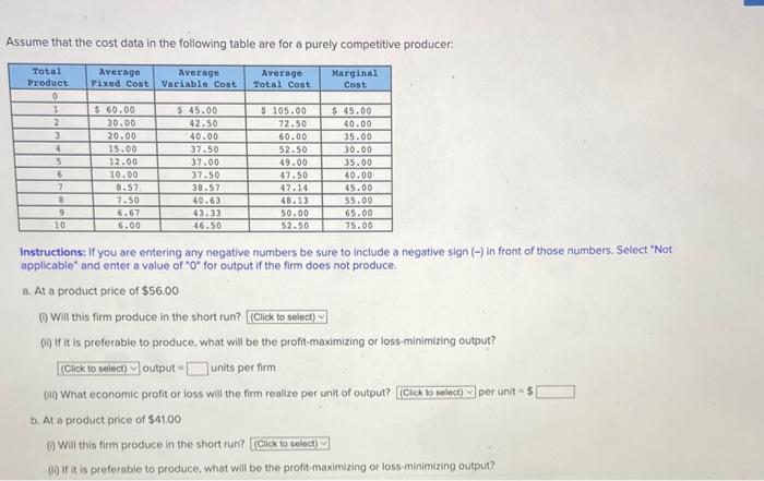 Total Product Average Fixed Cost Average Variable Cost Assume that the cost
