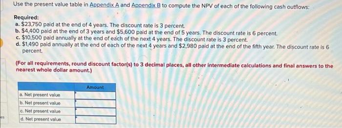 Use the present value table in Appendix A and Appendix B to