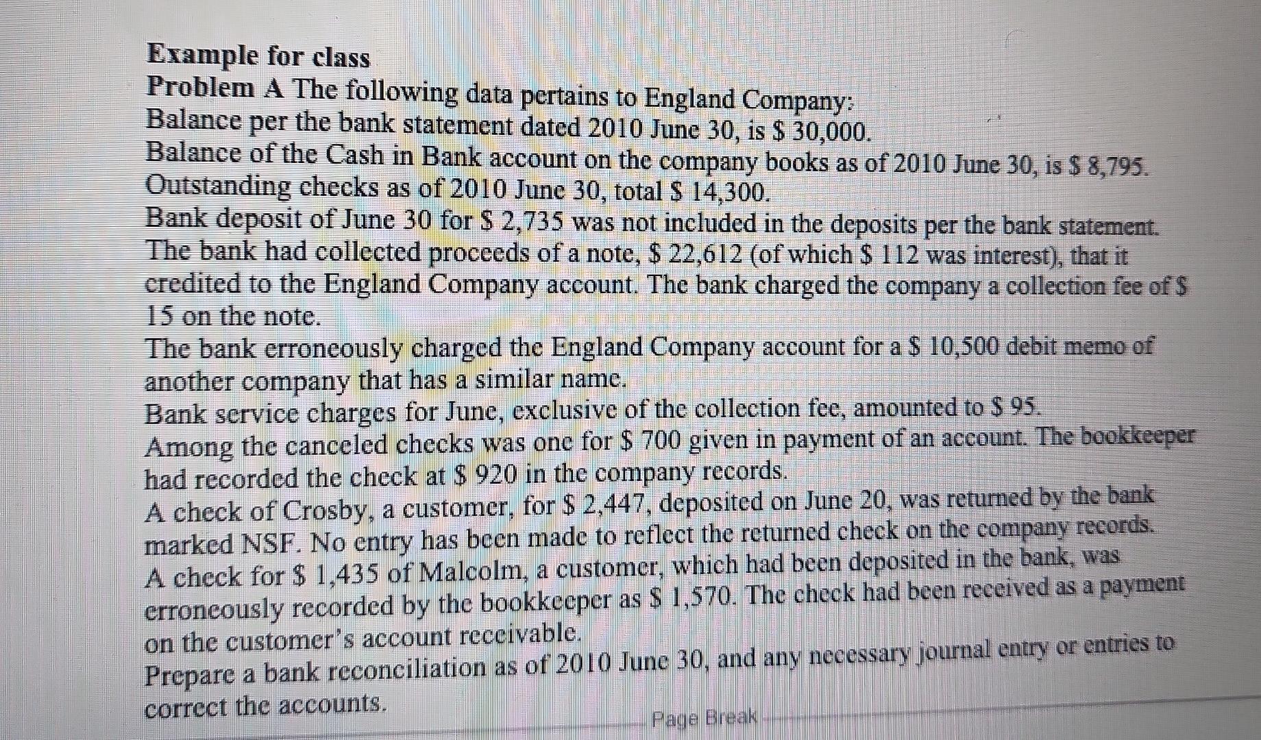 Example for class Problem A The following data pertains to England Company: