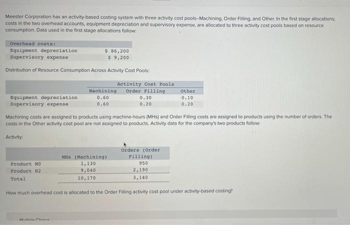 Meester Corporation has an activity-based costing system with three activity cost pools-Machining,