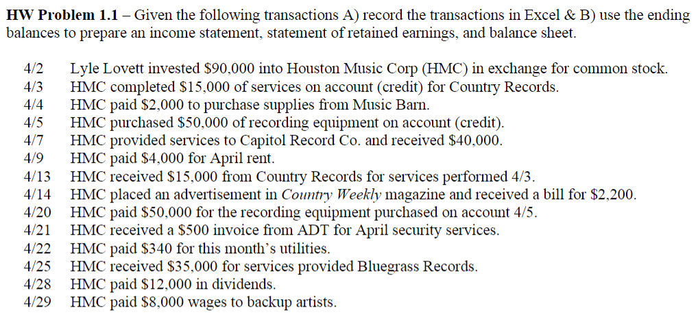 4/2 4/3 HW Problem 1.1 - Given the following transactions A) record